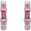 A pair of white gold hoop earrings featuring a central rectangular pink tourmaline baguette-cut gemstone, flanked by round pink sapphire gemstones at the top and bottom, set against a plain white background.