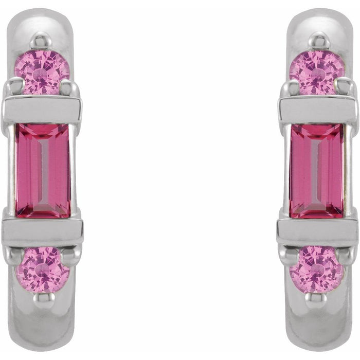 A pair of white gold hoop earrings featuring a central rectangular pink tourmaline baguette-cut gemstone, flanked by round pink sapphire gemstones at the top and bottom, set against a plain white background.