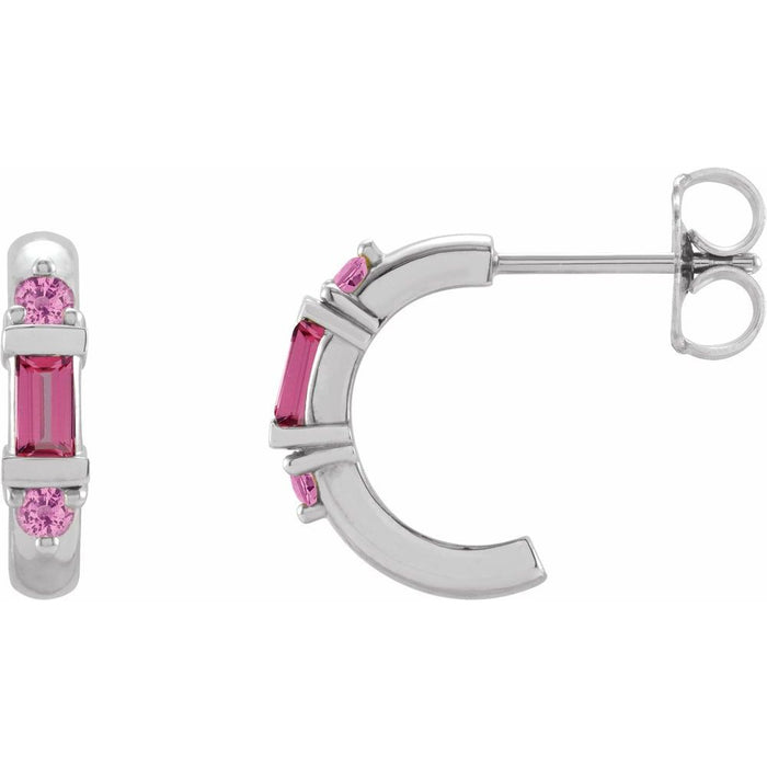 A pair of white gold hoop earrings with bright pink tourmaline baguette and round-cut pink sapphire stones, shown on a plain white background.