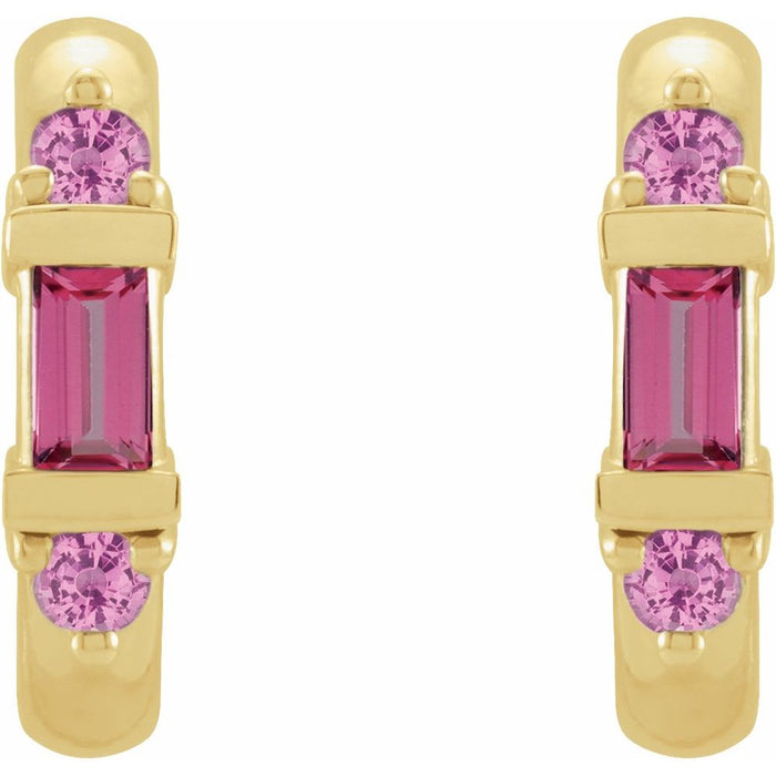 A pair of gold hoop earrings featuring a central rectangular pink tourmaline gemstone and two round pink saphhire gemstones on each earring, shown against a plain white background.