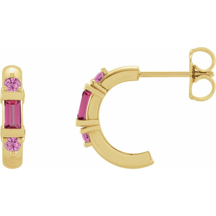 Gold hoop earrings with pink tourmaline and pink sapphire gemstones on a white background
