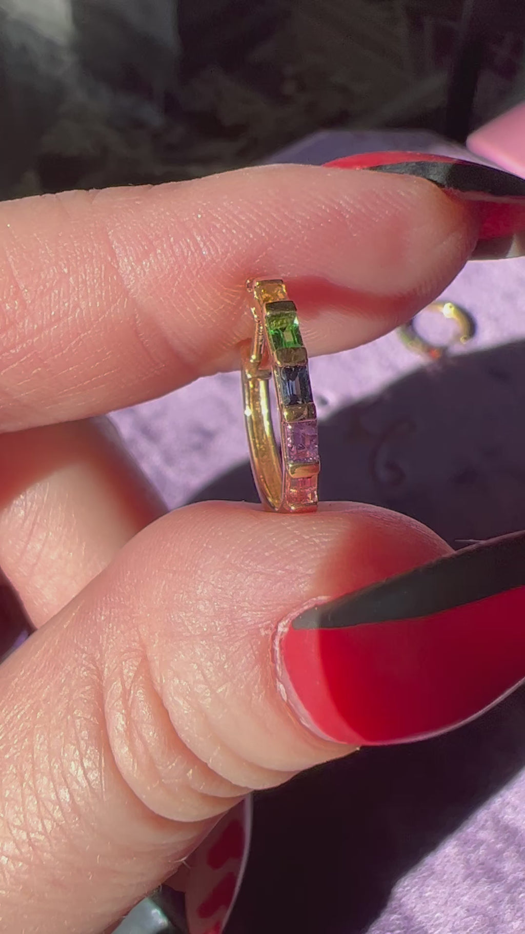 Video of Baguette Natural Multi-Gemstone Rainbow Hoop Earrings
