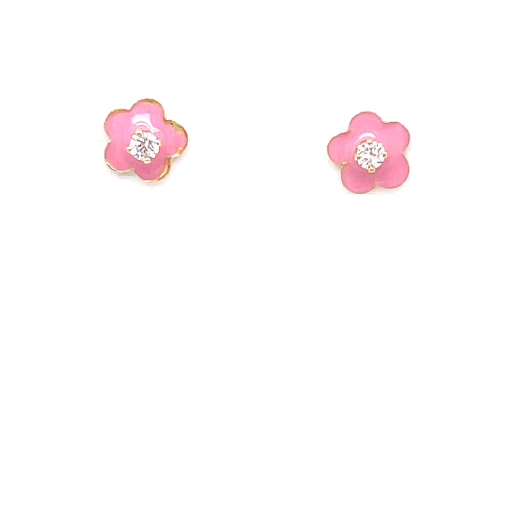 Video of Youth Cubic Zirconia Pink Enamel Flower Stud Earrings in Solid 14K Yellow Gold