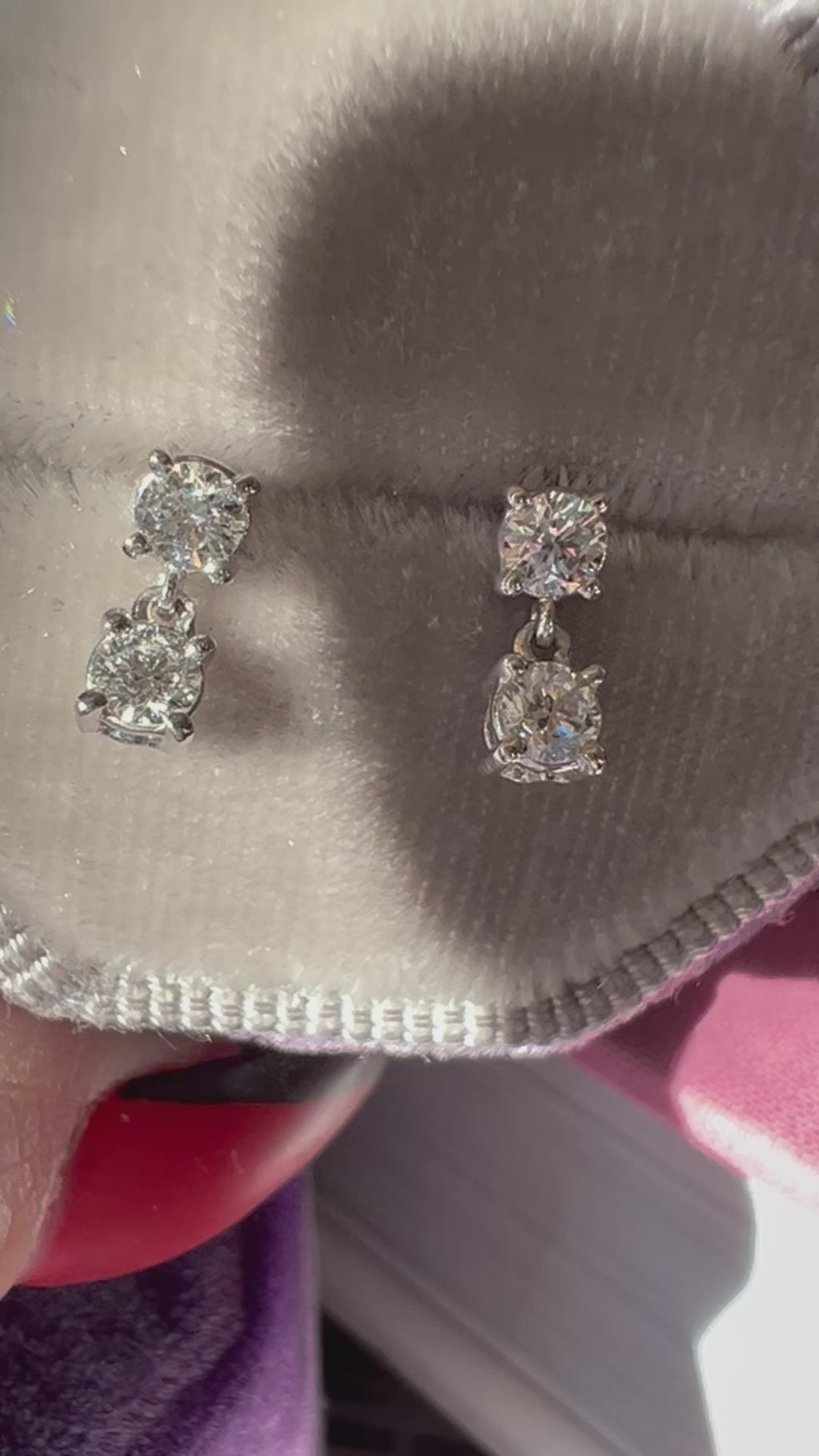 Video of Two-Stone Lab-Grown Diamond Stud Drop Earrings 14K White Gold in Silk Velvet Box