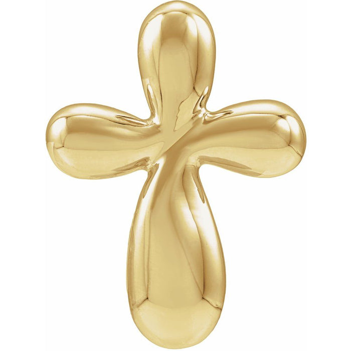 Puffed gold cross pendant on a white background