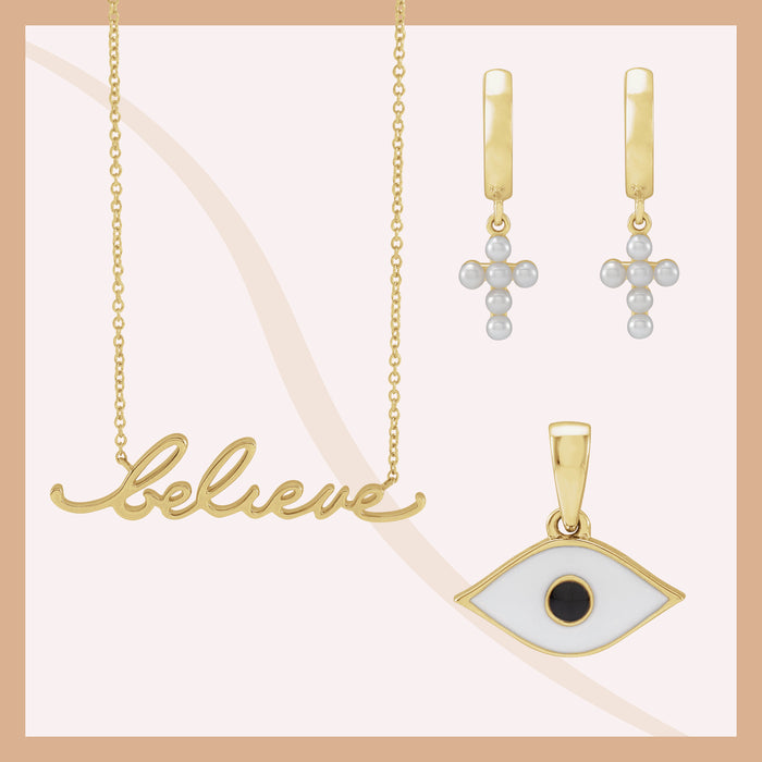 Believe Script Necklace in Solid 14K Gold Evil Eye Charm Pendant Pearl Cross Earrings
