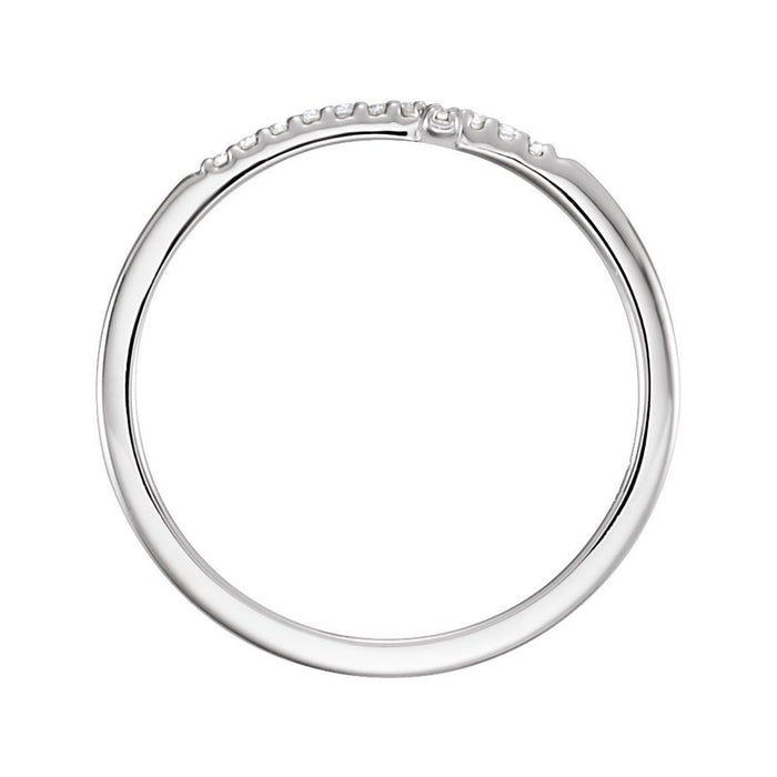 Side view of diamond sideways cross ring white gold with white background