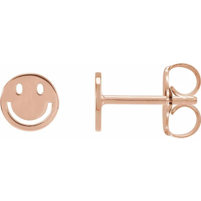 Smiley Face Stud Earrings Solid 14K Rose White Yellow Gold