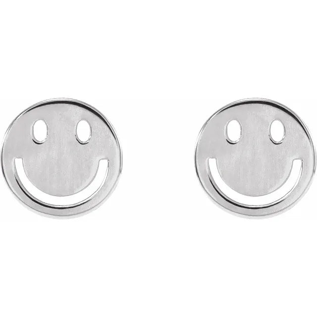 Smiley Face Stud Earrings in Solid 14k White Gold 