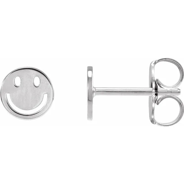 Smiley Face Stud Earrings in Solid 14k White Gold 