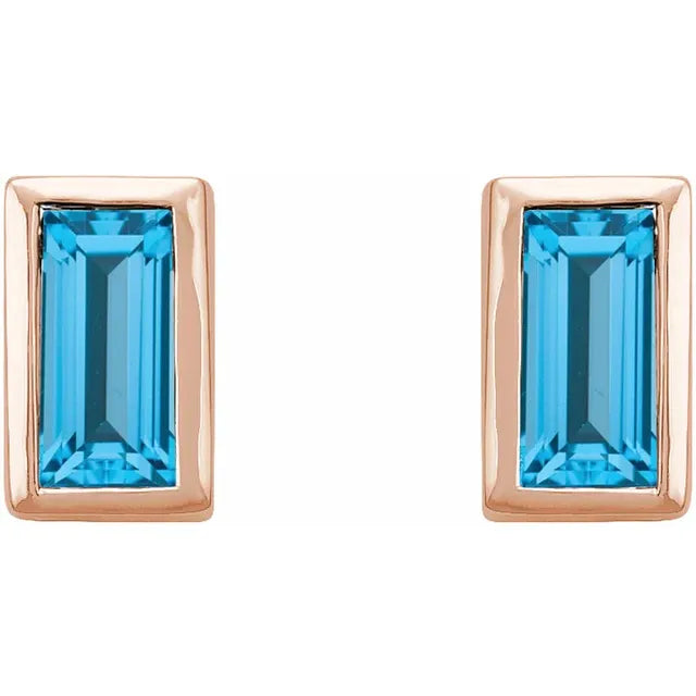 Swiss Blue Topaz Dainty Bezel-Set Stud Earrings in 14K Rose Gold 