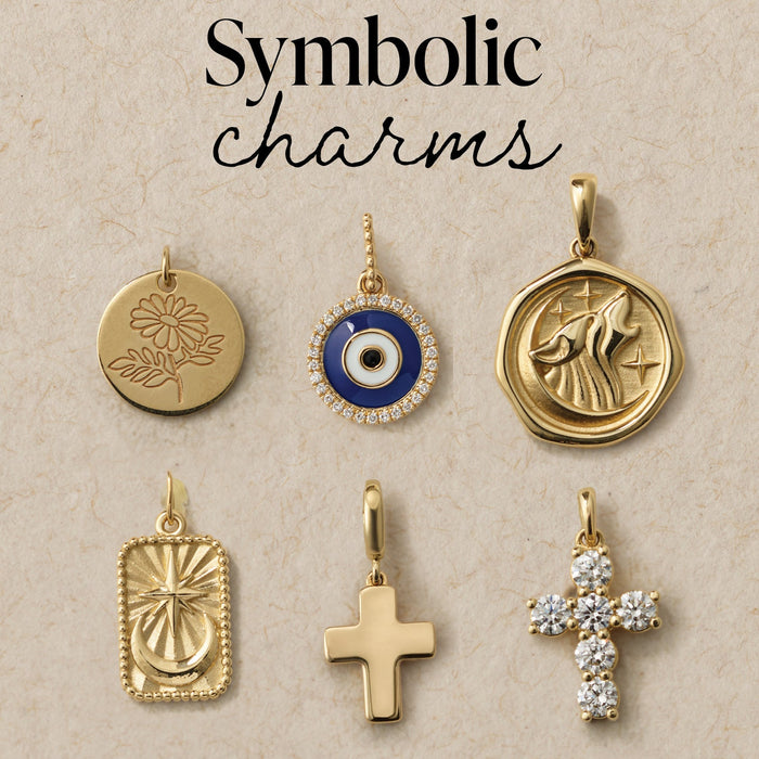 Collection of symbolic charms on a beige background with text 'Symbolic charms'.