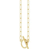 Yellow gold toggle charm necklace with paperclip style chain at a side angle