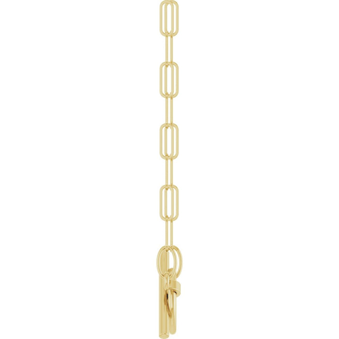 Yellow gold toggle charm necklace with paperclip style chain side view