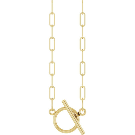 Yellow gold toggle charm necklace with paperclip style chain 