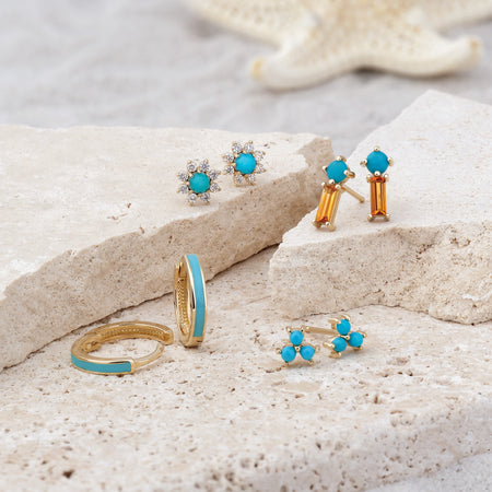 Turquoise and Diamond Flower Design Stud Earrings Solid 14K Gold