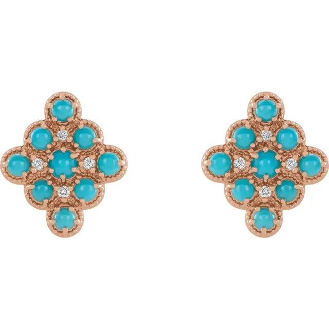 Turquoise and Natural Diamond Geometric Earrings Solid 14K Rose Gold