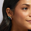 Model wearing turquoise stone hoop earrings 