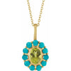 Natural Oval Peridot & Turquoise Halo Style Pendant Necklace in Solid Yellow Gold