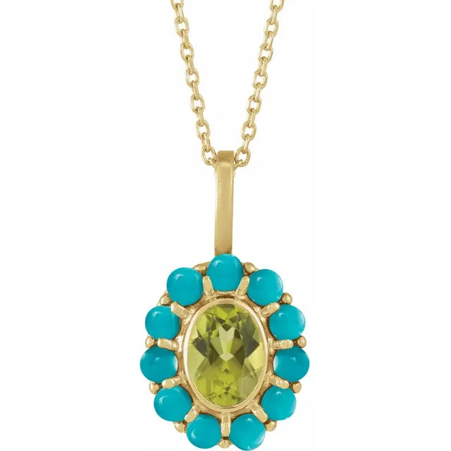 Natural Oval Peridot & Turquoise Halo Style Pendant Necklace in Solid Yellow Gold