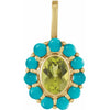  Natural Oval Peridot & Turquoise Halo Style Pendant Necklace in Solid Yellow Gold