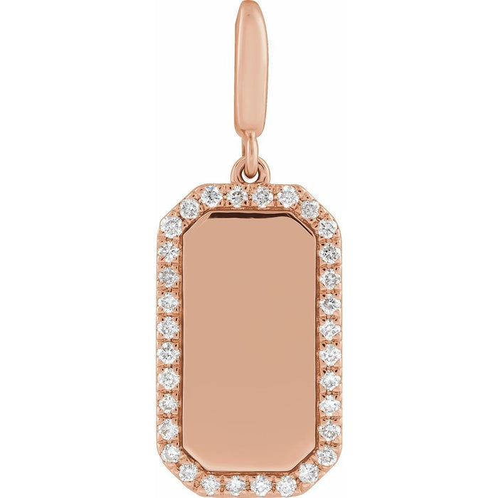 Engravable Rose gold dog tag pendant with diamond accents on a white background