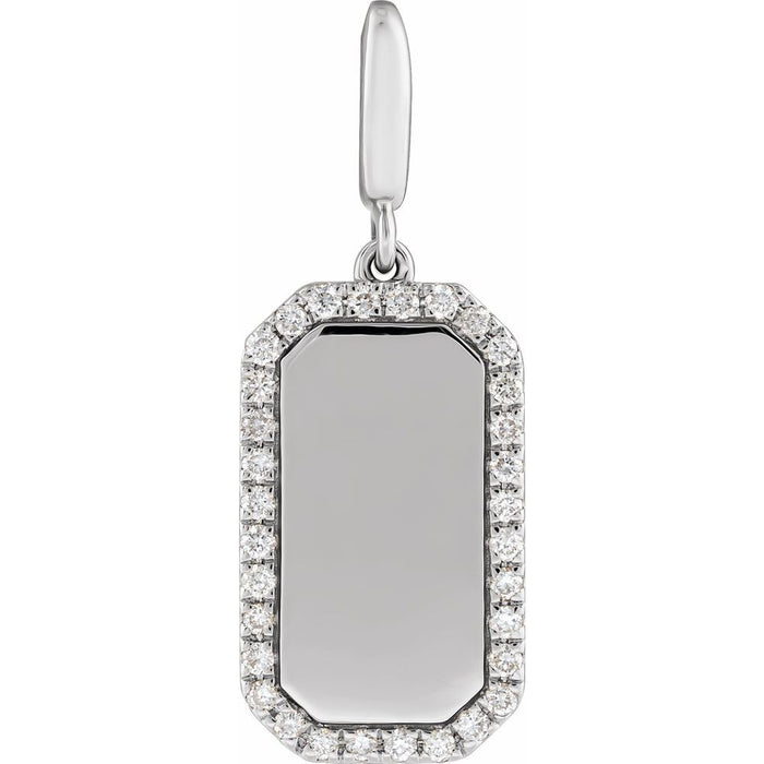 Engravable white gold dog tag pendant with diamonds on a white background