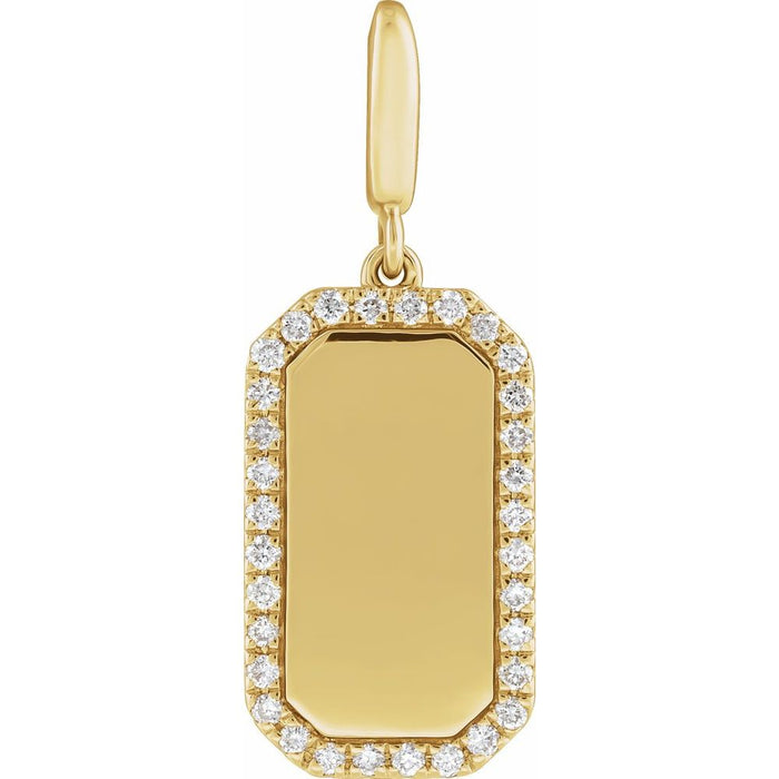 Yellow gold dog tag pendant with diamond accents on a white background