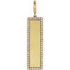 Engravable yellow gold charm pendant with a rectangular face and diamond accents on a white background