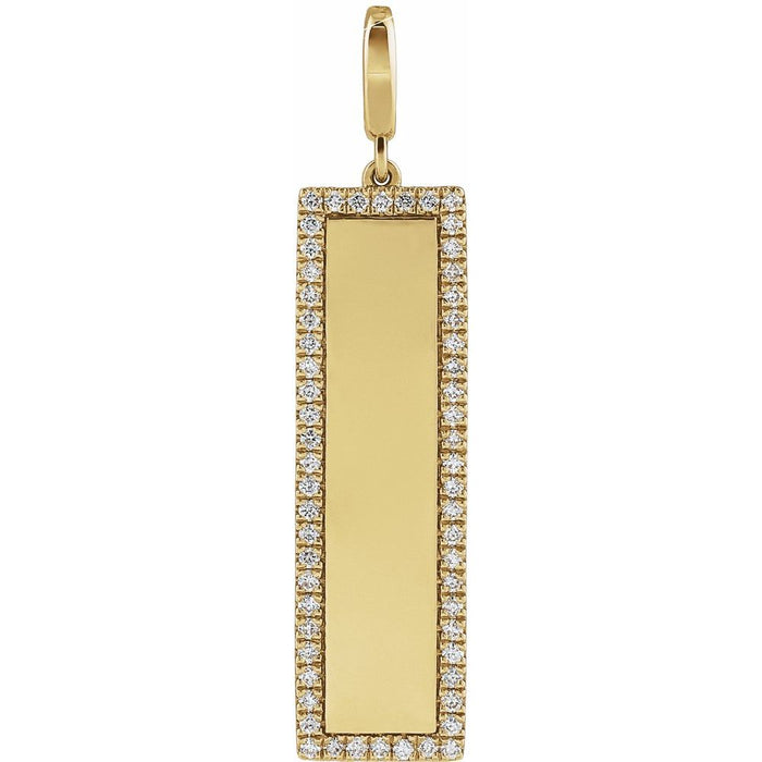 Engravable yellow gold charm pendant with a rectangular face and diamond accents on a white background