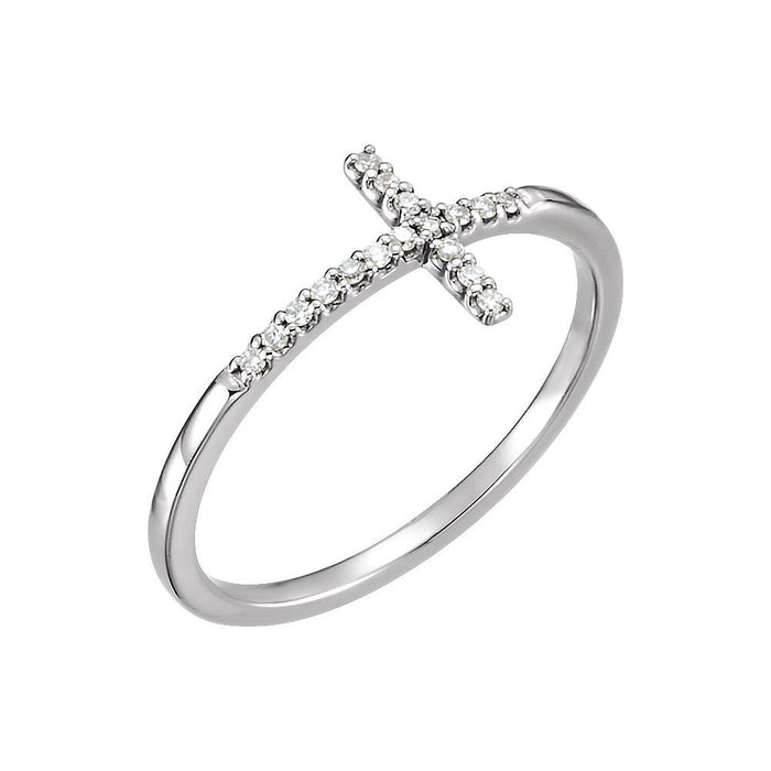 White gold ring with a diamond cross design on a white background