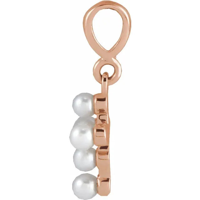 Youth Cross Cultured Seed Pearl Pendant Charm in Solid 14K Rose Gold Side View