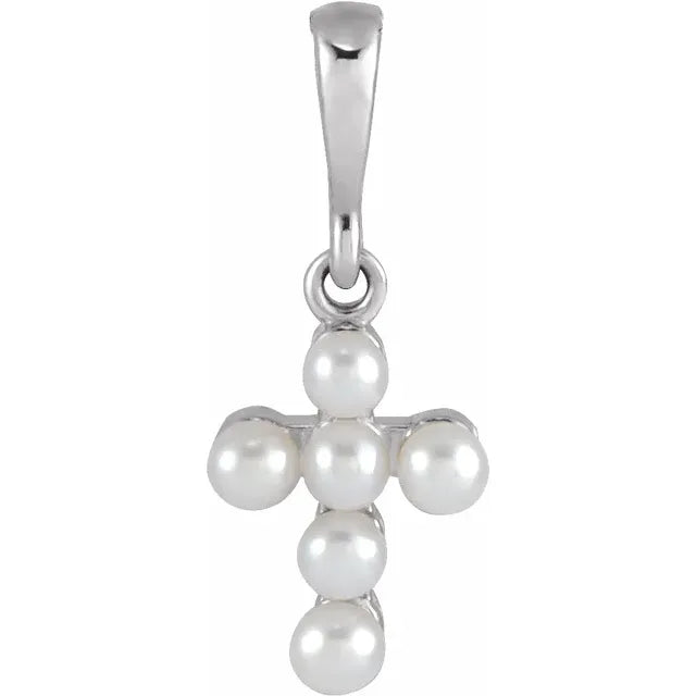 Youth Cross Cultured Seed Pearl Pendant Charm in Solid 14K White Gold