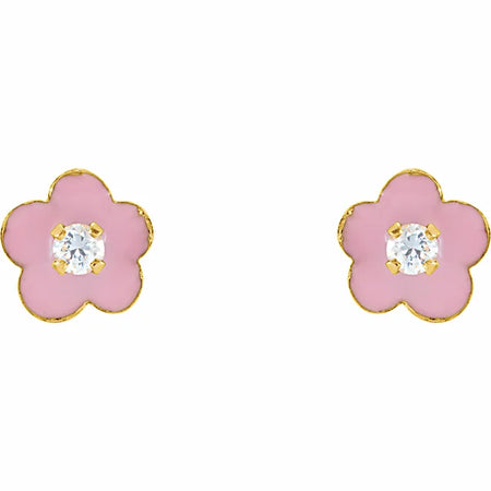 Youth Cubic Zirconia Pink Enamel Flower Stud Earrings in Solid 14K Yellow Gold