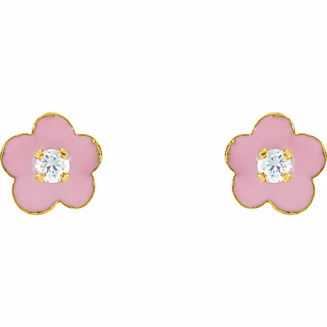 Youth Cubic Zirconia Pink Enamel Flower Stud Earrings in Solid 14K Yellow Gold
