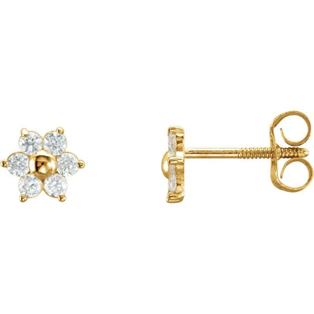 Youth Floral Inspired Cubic Zirconia Solid 14K Yellow Gold Stud Earrings 