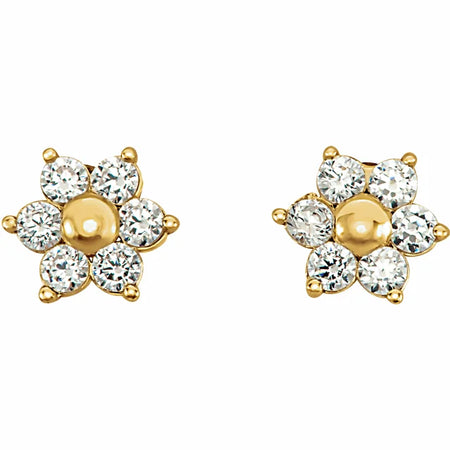 Youth Floral Inspired Cubic Zirconia Solid 14K Yellow Gold Stud Earrings 