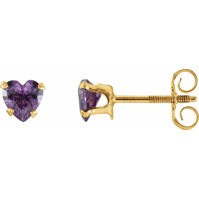 Youth Heart Shaped Natural Amethyst Stud Earrings in Solid 14K Yellow Gold