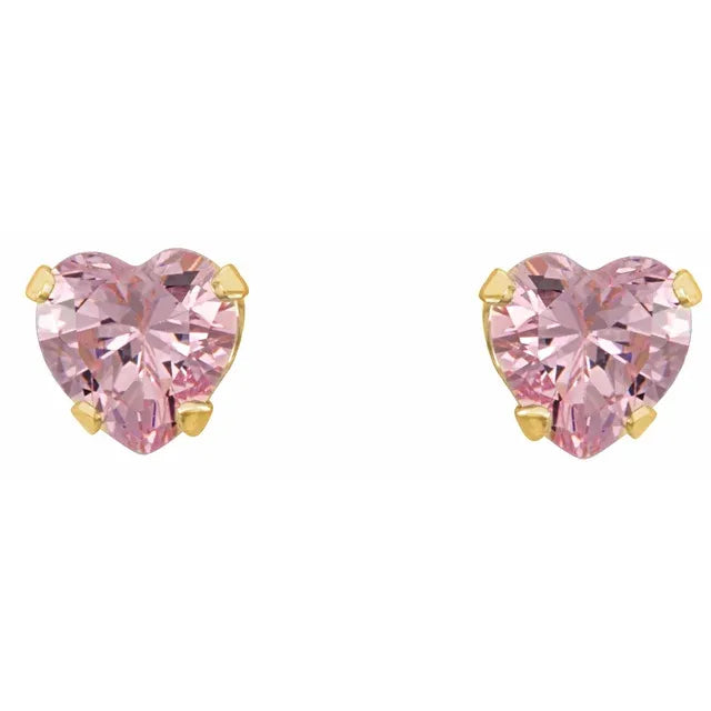 Youth Heart Shaped Pink Zirconia Stud Earrings in Solid 14K Yellow Gold