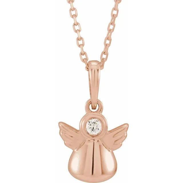 Youth Natural Diamond Angel 15" Necklace in Solid 14K Rose Gold