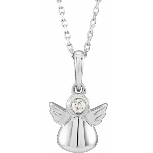 Youth Natural Diamond Angel 15" Necklace in Solid 14K White Gold