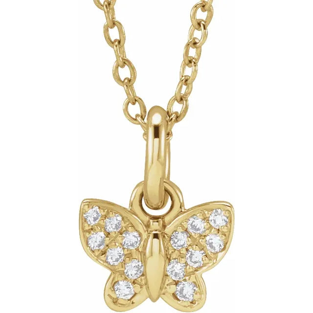 Youth Natural Diamond Butterfly 15" Necklace in Solid 14K Yellow Gold