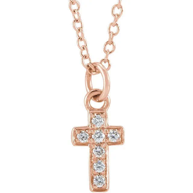 Youth Natural Diamond 15" Cross Necklace Solid 14K Rose Gold