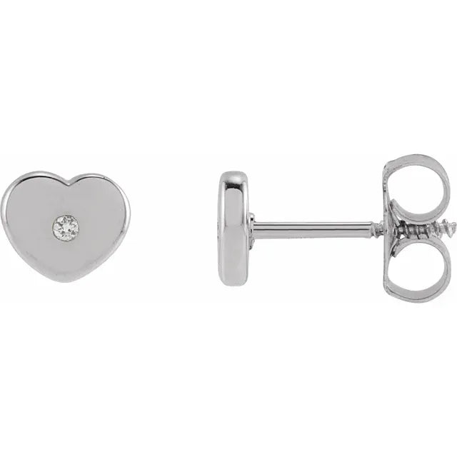 Youth Natural Diamond Heart Stud Earrings in Solid 14K White Gold or Sterling Silver