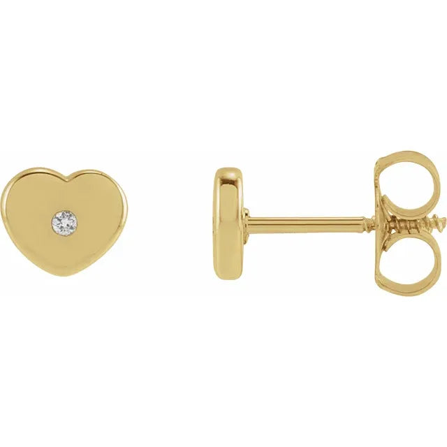 Youth Natural Diamond Heart Stud Earrings in Solid 14K Yellow Gold