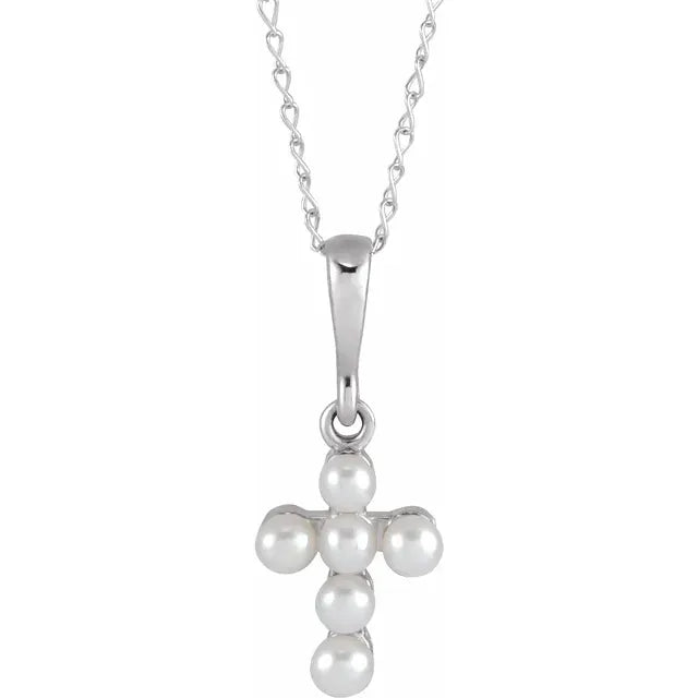 Youth Pearl Cross 16" Necklace in Solid 14K White Gold