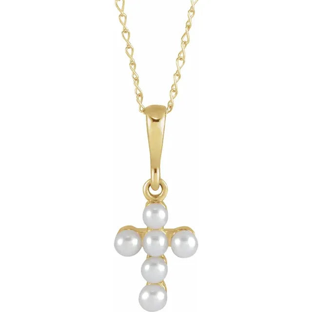 Youth Pearl Cross 16" Necklace in Solid 14K Yellow Gold