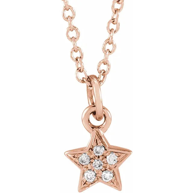 Youth Natural Diamond Petite Star 15" Necklace Solid 14K Rose Gold 