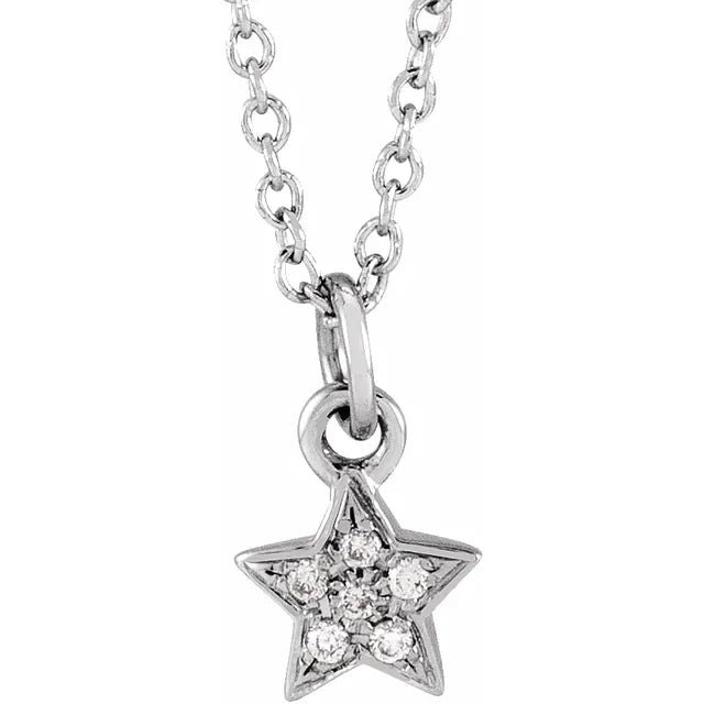 Youth Natural Diamond Petite Star 15" Necklace Solid 14K White Gold 