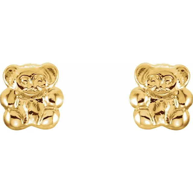 Youth Teddy Bear Stud Earrings With Threaded Backs 14K Solid Yellow Gold